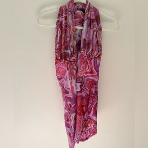 Bardot Retro Tie Dye Mesh Halter Mini Dress